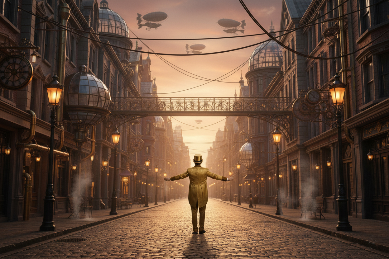 Rue steampunk au crépuscule par Laurent Matheïs